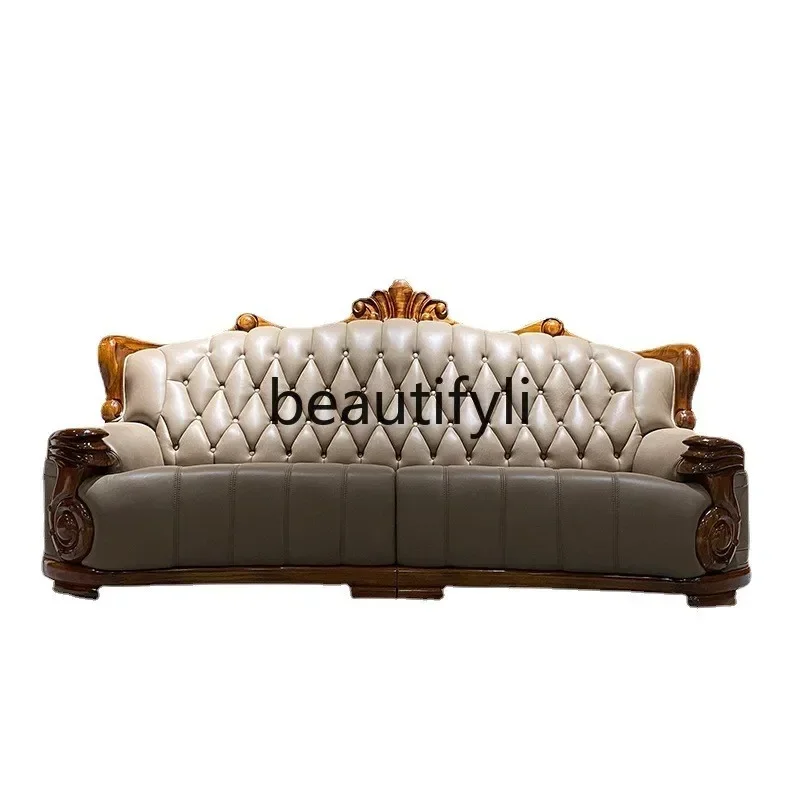 A71European ebony leather sofa luxury large apartment with chaise longue combination