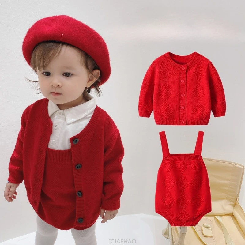 

Одежда для девочек-подростков 2025 INS, стильный кардиган для маленьких девочек, детский весенне-осенний праздничный красный хлопковый вязаный топ с длинными рукавами, детский костюм