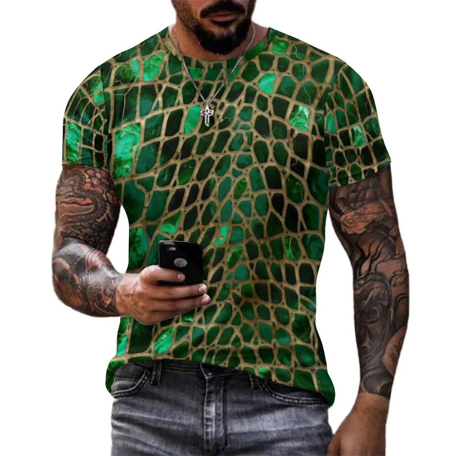 Animal Print T Shirt For Men Faux Crocodile Graphic O Neck T Shirts Summer Trendy  Clothes Short Sleeves Oversized Tee Shirt