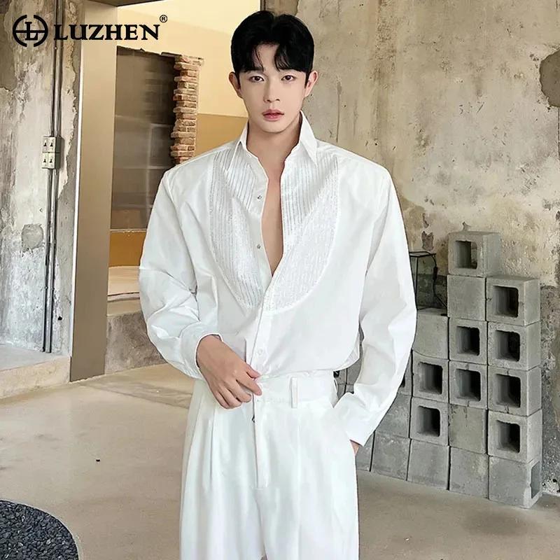 LUZHEN Splicing Pleat Long Sleeve Shirt 2025 Fashion Elegant Casual Design Men's Street Trendy Tops Korean Clothes Spring LZ8679