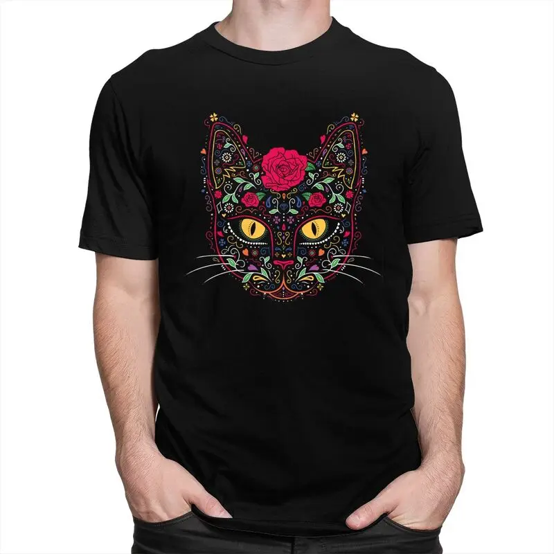Custom Cool Day Of The Dead Kitten Cat Sugar Skull T Shirt Men Short Sleeve Pure Cotton T-shirt Tees Streetwear Tshirt