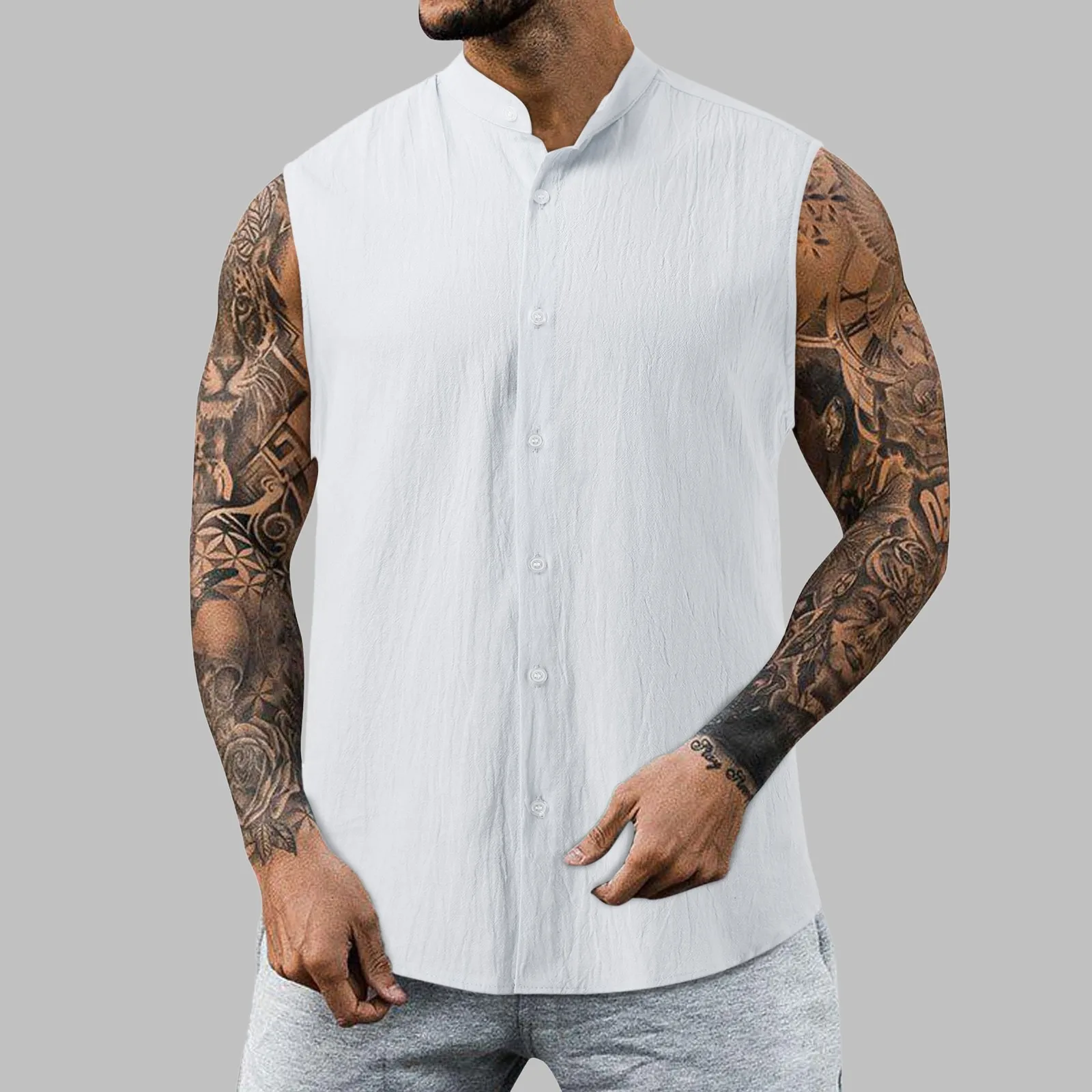 Leisure Men\'s Cotton Linen Tank Tops 2023 Spring Summer Casual Solid Color Buttoned Stand-collar Sleeveless Vest Shirt Camisole