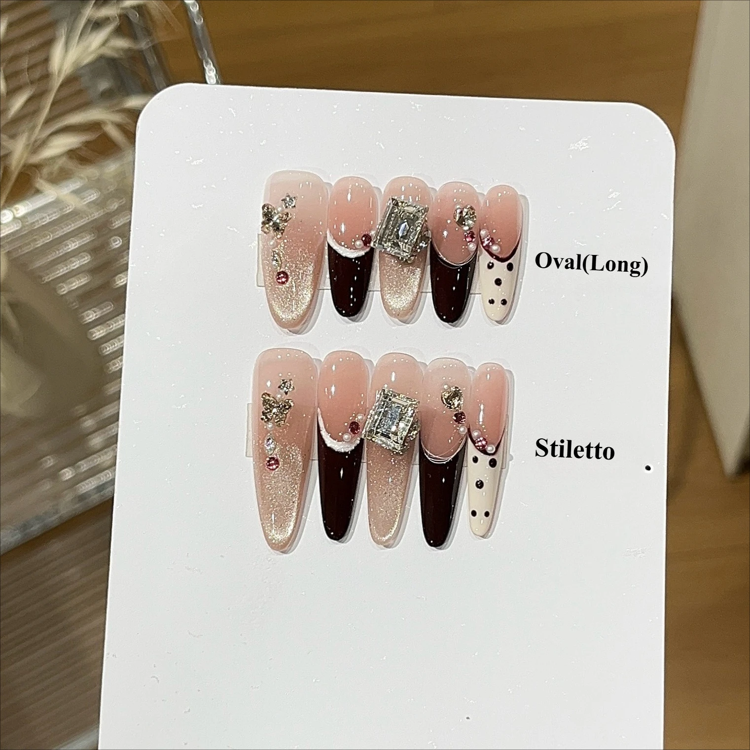 

10 шт., ручной работы на шпильках, красный французский пластырь в горошек, шампанское, золото, бриллиант, накладные ногти, искусство накладных ногтей