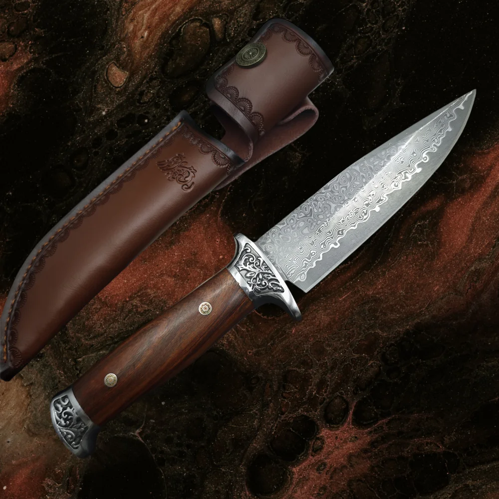 

Тактический охотничий нож для выживания в дикой природе с лезвием из дамасской стали VG10 высокой твердости и рукоятью из палисандра, инструменты для кемпинга и повседневного ношения (EDC)