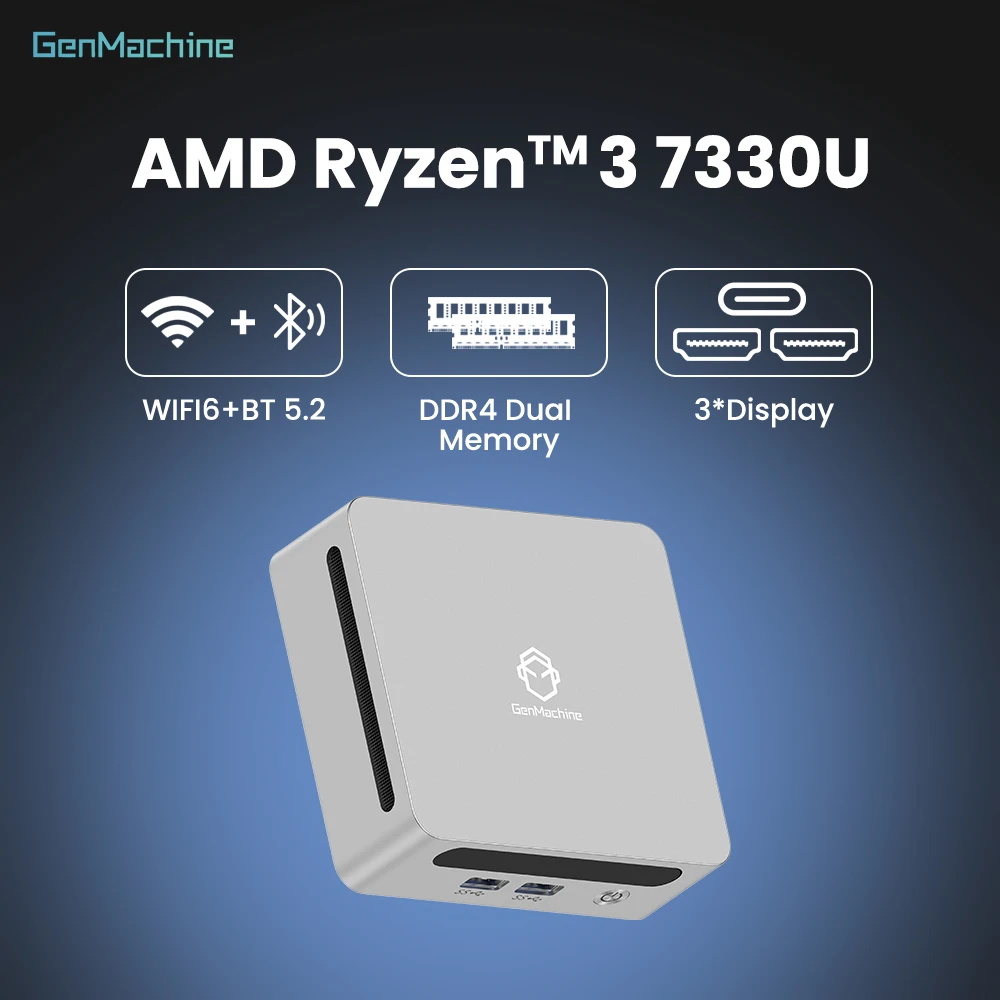 Diy Gaming Computer Genmachine Ryzen 3 7330U Mini PC - 4 Core 8 Thread, 15W Low Power, Radeon GPU, 4K HDMI, WiFi6, Compact