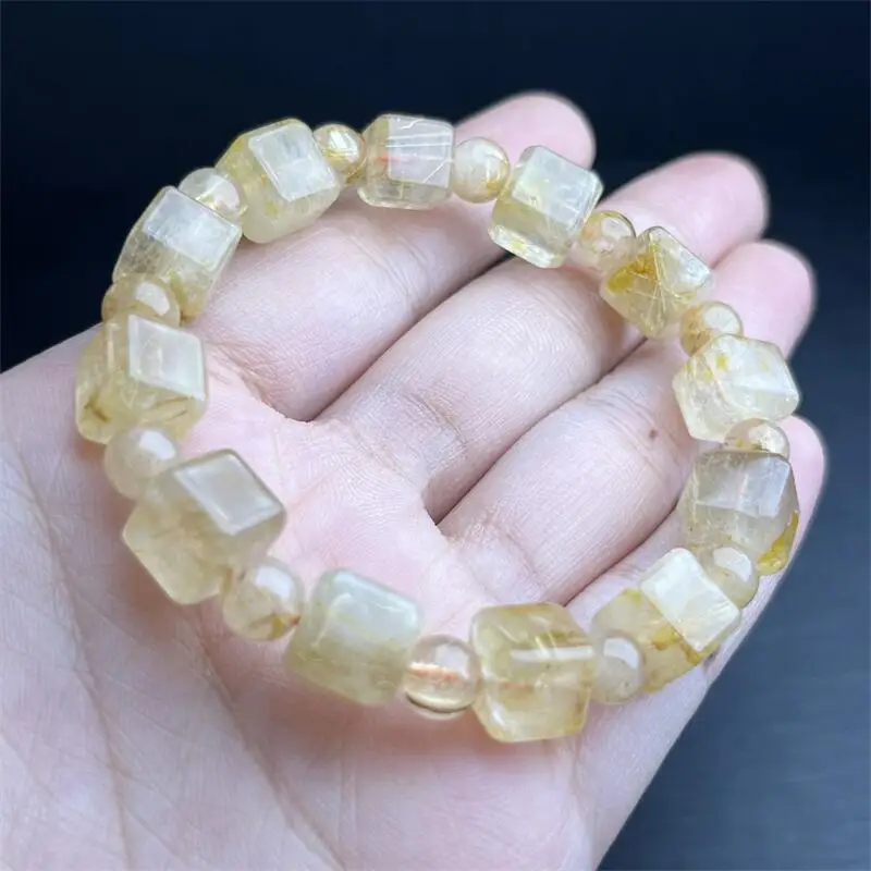 

8.6MM Natural Golden Rutilated Quartz Cube Bracelet Gemstone Crystal Jewelry Bangle For Women Healing Bohemia Holiday Gift 1pcs