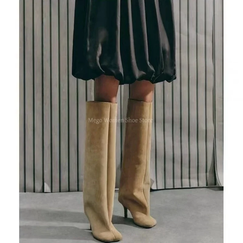 

Women's Knee High Knight Boots Frosted Retro Pants Boots Long Tube Boots High-Heeled Western Oversized Lady Boots Brand Design