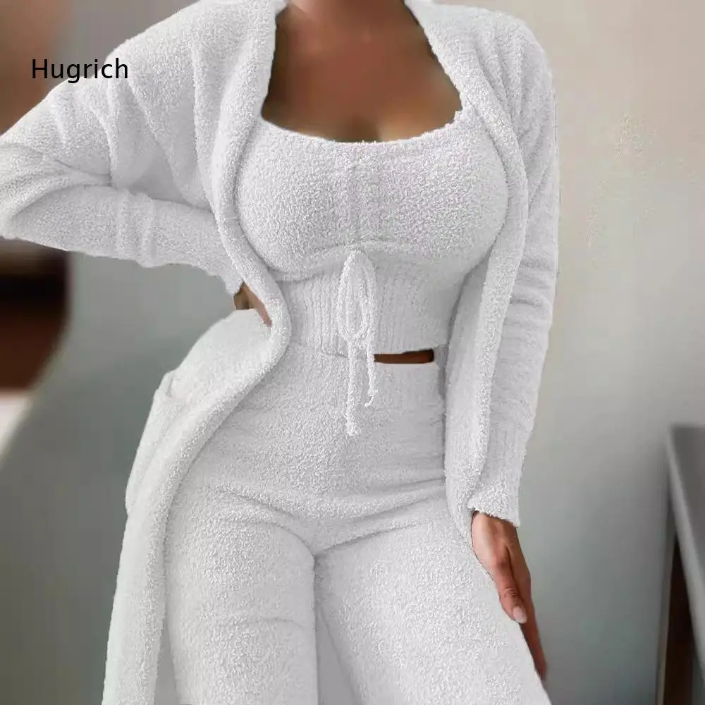 Women's 3 Piece Knit Lounge Set Long Sleeve Cardigan Top And Pants Solid Color Casual Fall Winter Sweatsuit Cozy Matching Outfit