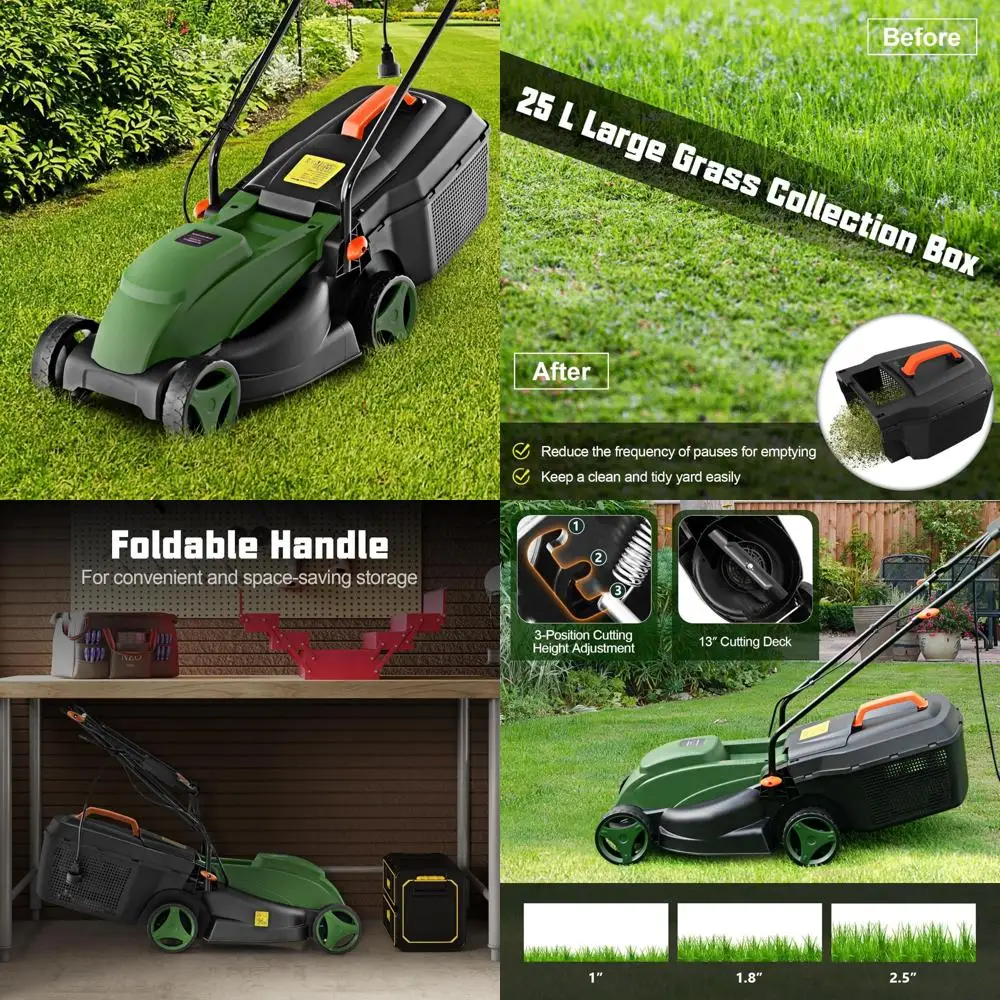Cortacésped con cable de 13 pulgadas con motor de cobre de 10 amperios, colector de césped de 6,6 galones, ajustes de altura de 3 posiciones para el cuidado del césped con empuje