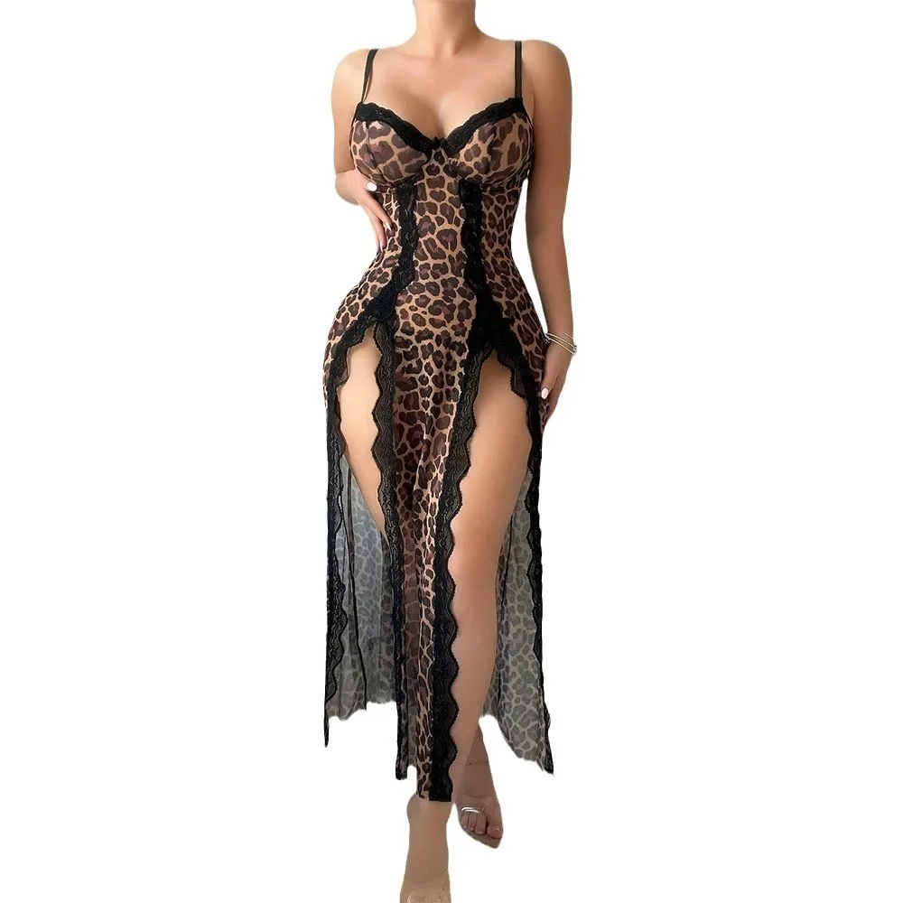 

Party Valentine's Day gift bra sexy lingerie leopard print see through long skirt passionate uniform thong