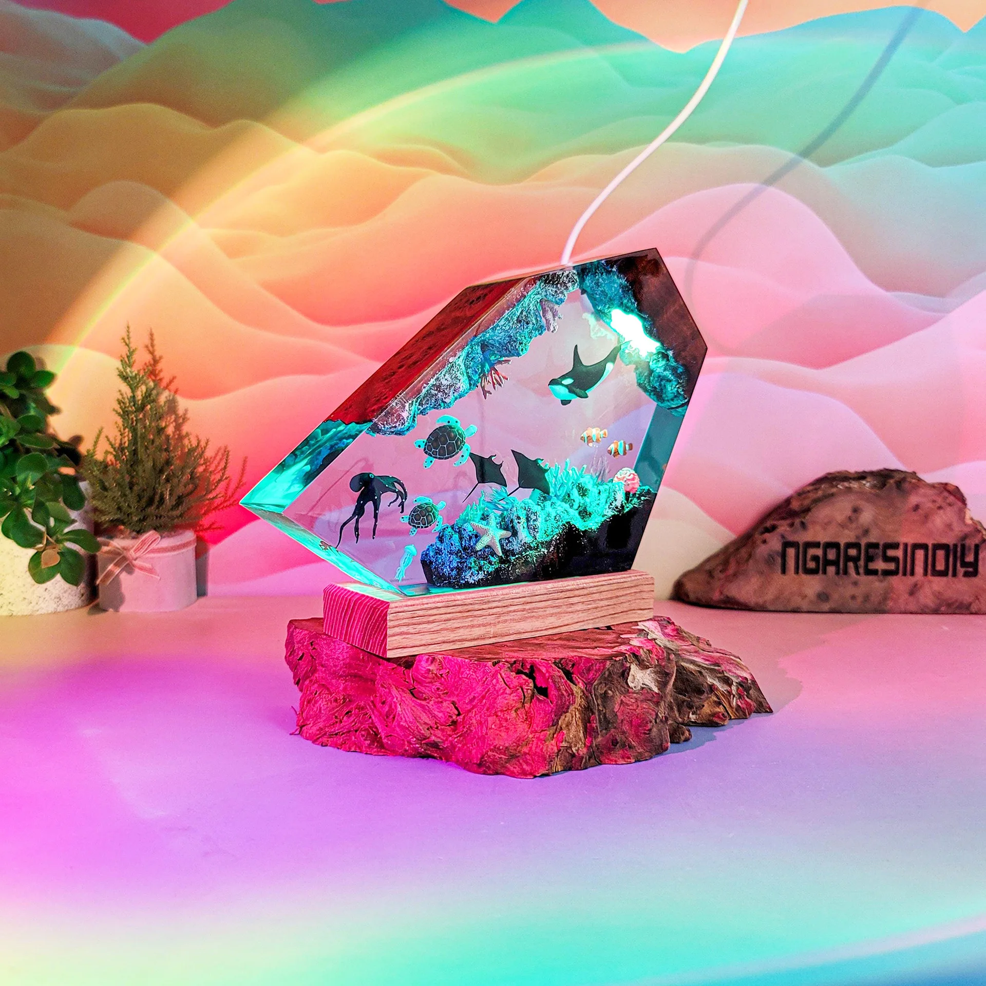 Oceaan Organismen Hars Lamp Zeeleven Tafellamp Creatieve Kunst Decoratie Kleuren Lamp Zeebodem Landschap Nachtlampje USB Charge