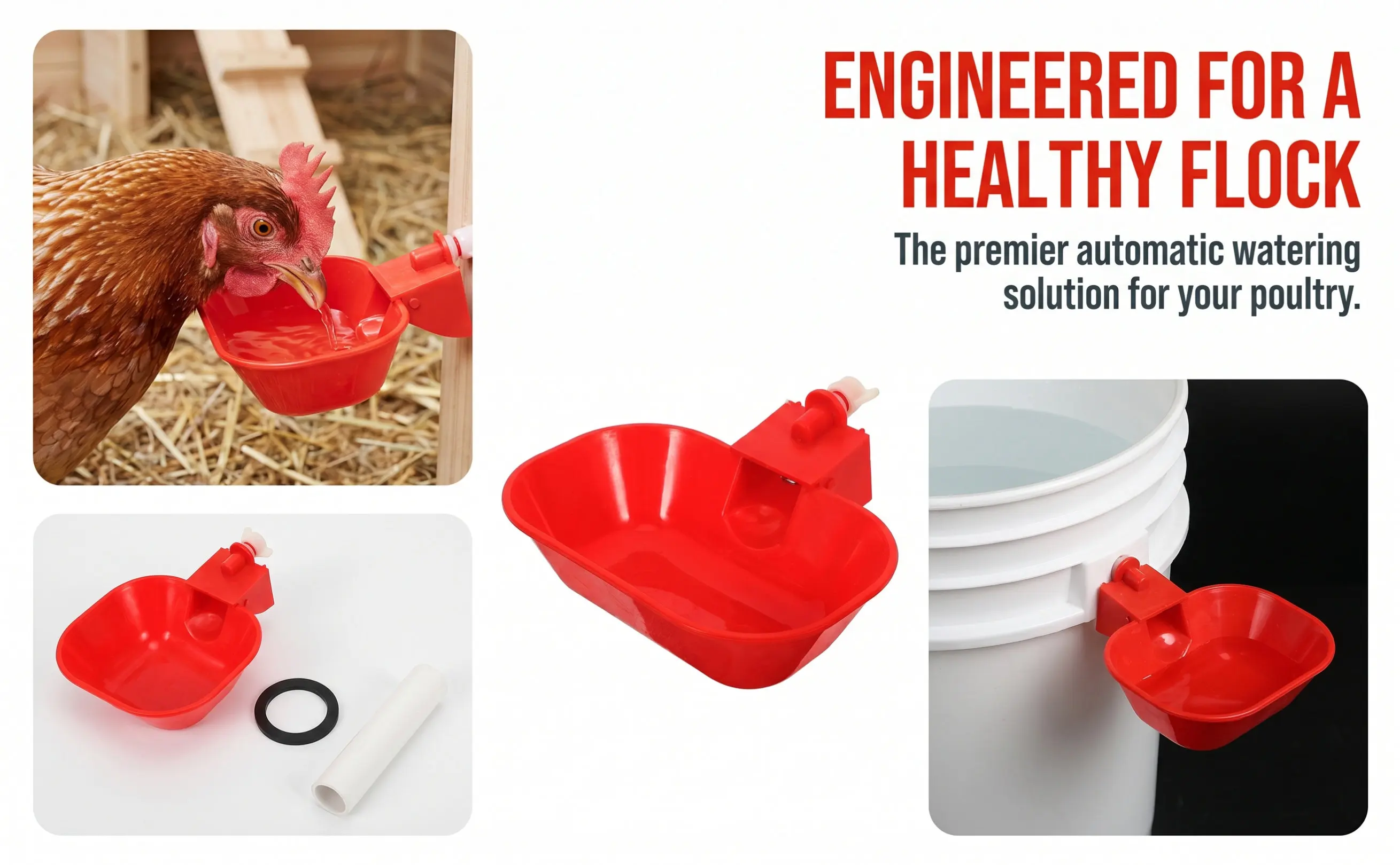5Pcs Chicken Waterer Cups Large Automatic Poultry Watering Bowls Red Mounting Hole Opener Duck Goose Turkey Feeder