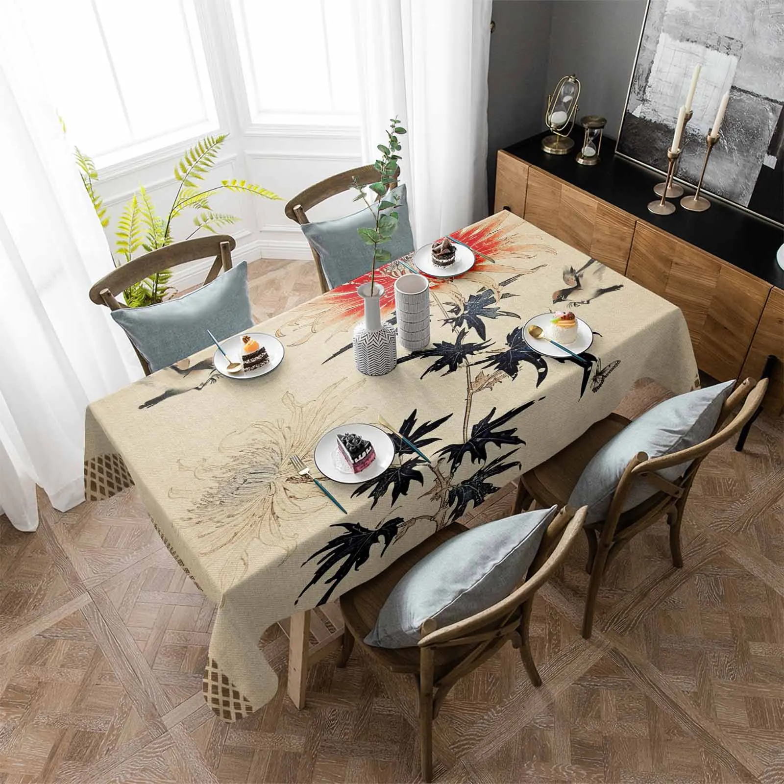 

Chrysanthemum Bird Butterfly Retro Tablecloth Wedding Decoration Waterproof Tablecloth Home Kitchen Decor Table Cover