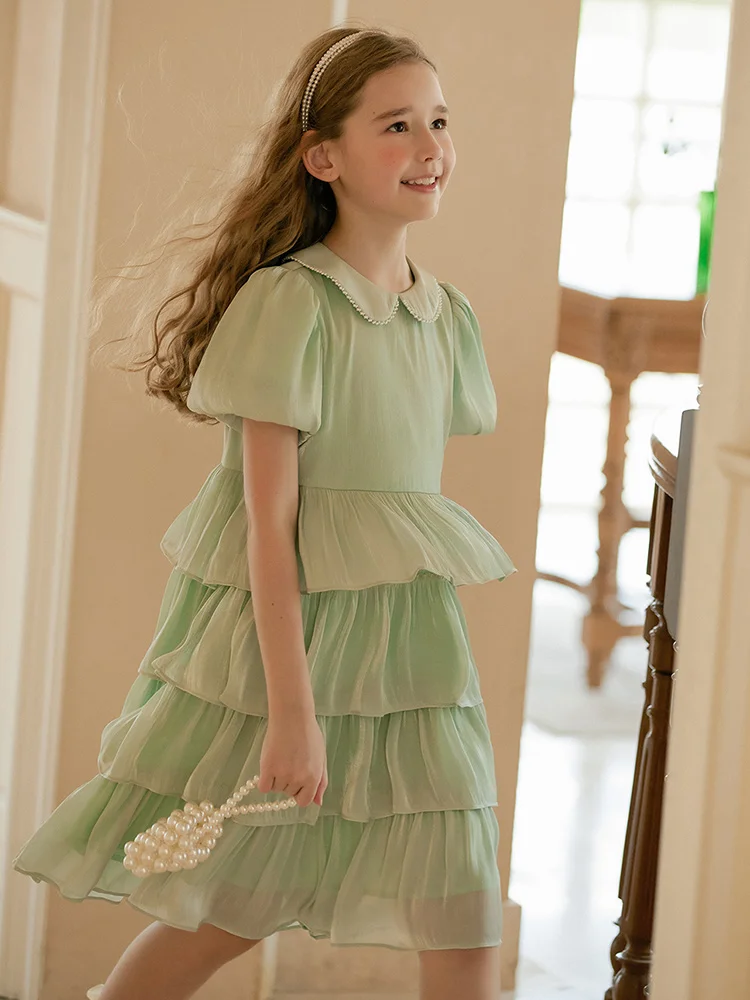 Baby Girls Dresses Short Puff Sleeve Light Green Fashion Princess Clothing 2022 Summer 3T 12T Prom Party Bridesmaid Kawaii Dress