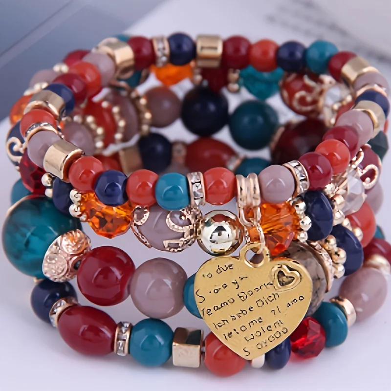 4/6/10 Set (4 Pieces per Set) Handmade Beaded Products Bead Bracelet with Heart Shape Pendant, Zinc Alloy Fashion Jewelry, Unplated, Colorful Layered Bead Bracelet Set, Perfect Valentine’s Day Gift