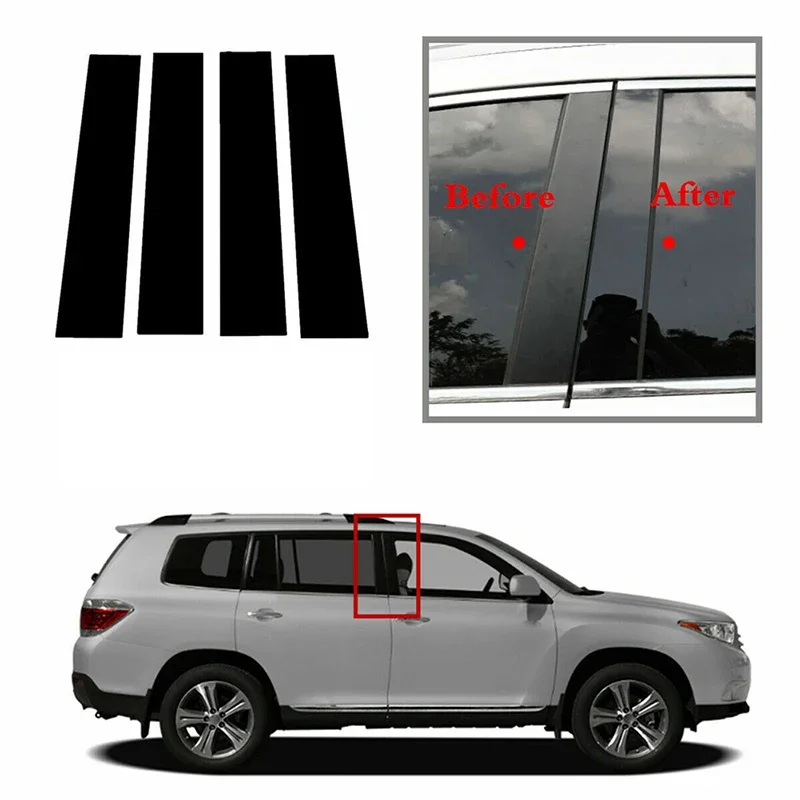 4PCS Fit For Toyota Highlander Kluger 2008 2009 2010 2011 2012 2013 Glossy Black Pillar Posts Door Side Window Decorative Cover