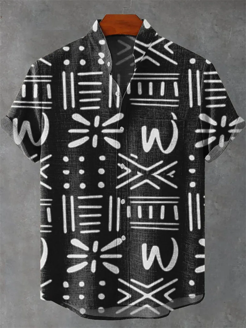 Fashionable men's 3D printed retro pattern design pattern men's button up stand collar comfortable breathable casual plus size s