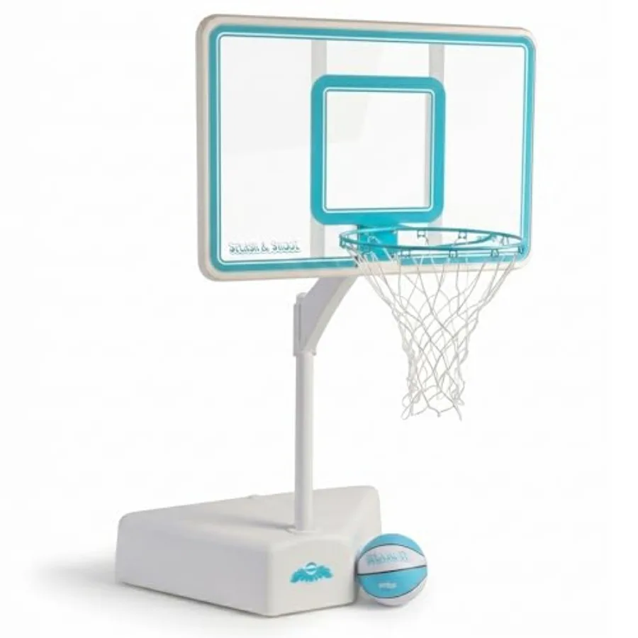 

Pool basketball hoop for outdoor use, polyethylene backboard with stainless steel rim and waterproof ball, clear aqua color, 20