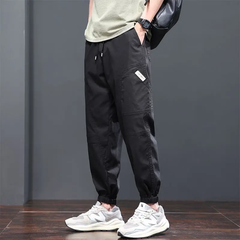 Spring Autumn Men's Clothing Solid Color Elastic Pockets High Waisted Casual Cargo Bloomers Trousers Sweatpants Trendy Pants