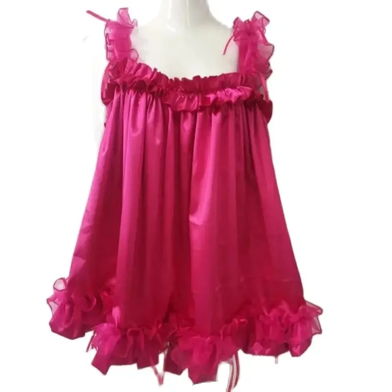 

Rose Red Wide Shoulder Strap Suspender Sleeveless Chest Pleated Lace Skirt Hem Sexy Dress