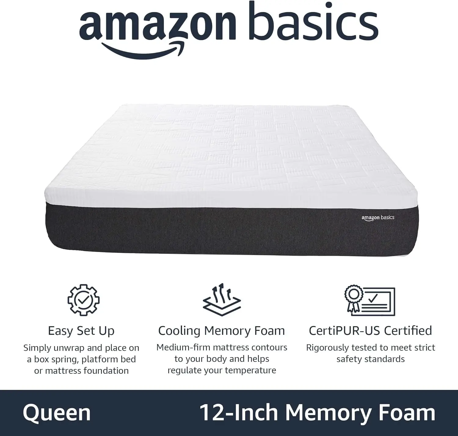 Gel Memory Foam Mattress, Firm, Cooling, Queen Size Mattress, CertiPUR-US Certified, 80 x 60 x 12 inches, White/Dark Gray