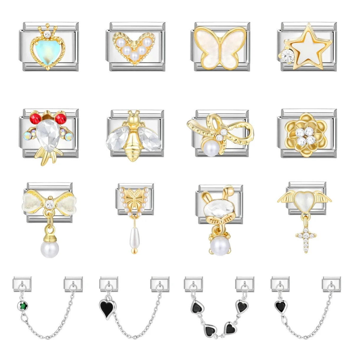 Y2K Cuore nero Stelle Farfalla Occhi Catena Ciondoli italiani Collegamenti Misura Bracciale da 9 mm Acciaio inossidabile Donna Gioielli fai da te Creazione di regali