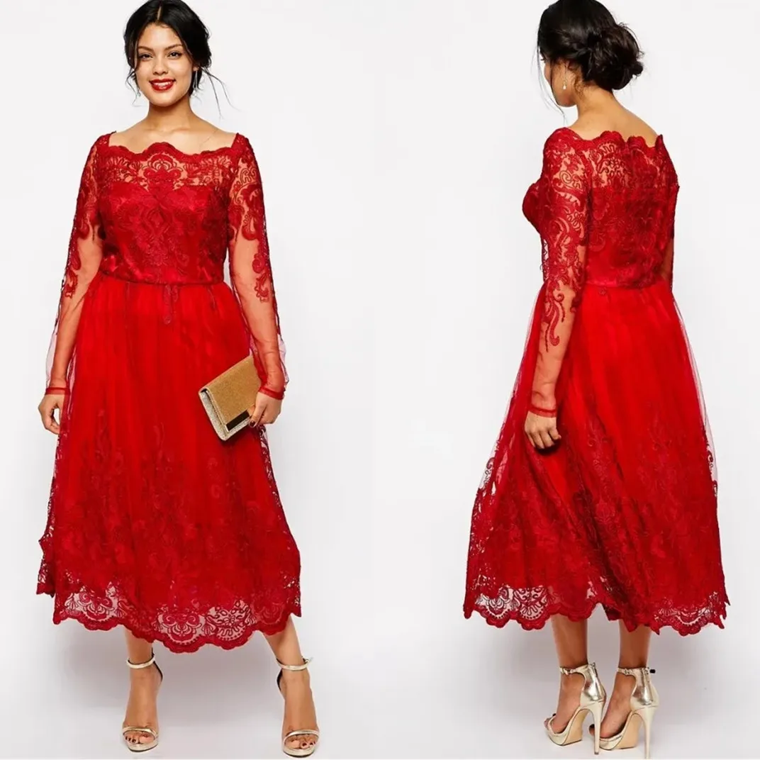 

Red Full Lace Plus Size Formal Dresses Sheer Bateau Long Sleeve Evening Gowns Tea Length A-Line Mother Of The Bride