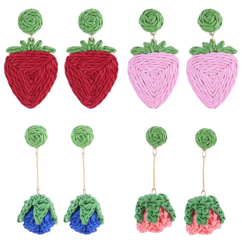 

Beach Bohemia Raffia Strawberry Earrings For Women Summer Boho Handmade Rattan Weave Rose Flower Drop Earrings