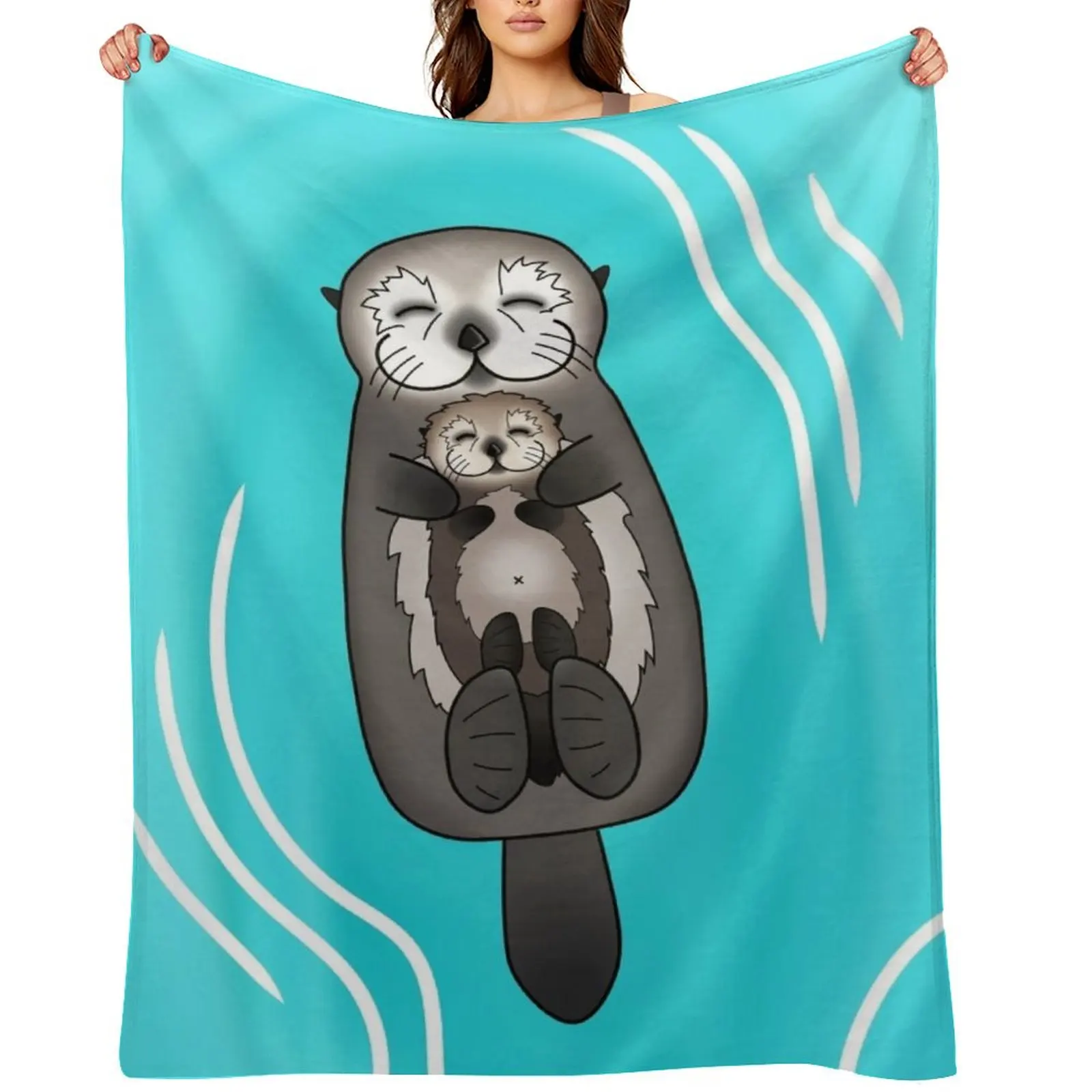 Mother and Pup Sea Otters - Mom Holding Baby Otter Throw Blanket sofa bed Picnic Kid'S Plaid warm for winter Blankets