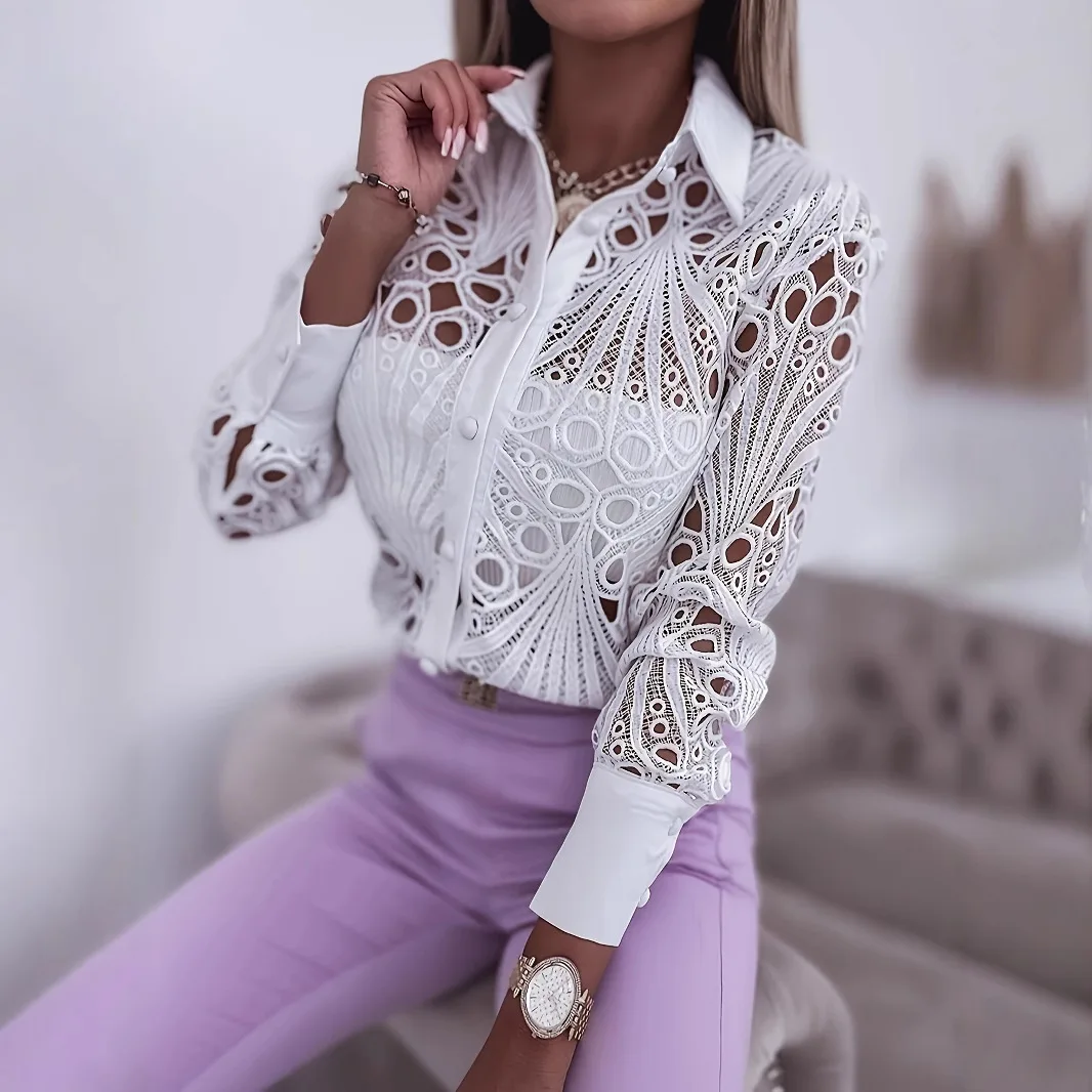 Sexy White Lace Spliced Hollow Out Long Sleeve Shirts For Women 2025 New Spring Fashion Elegant Loose Blouses Casual Button Tops