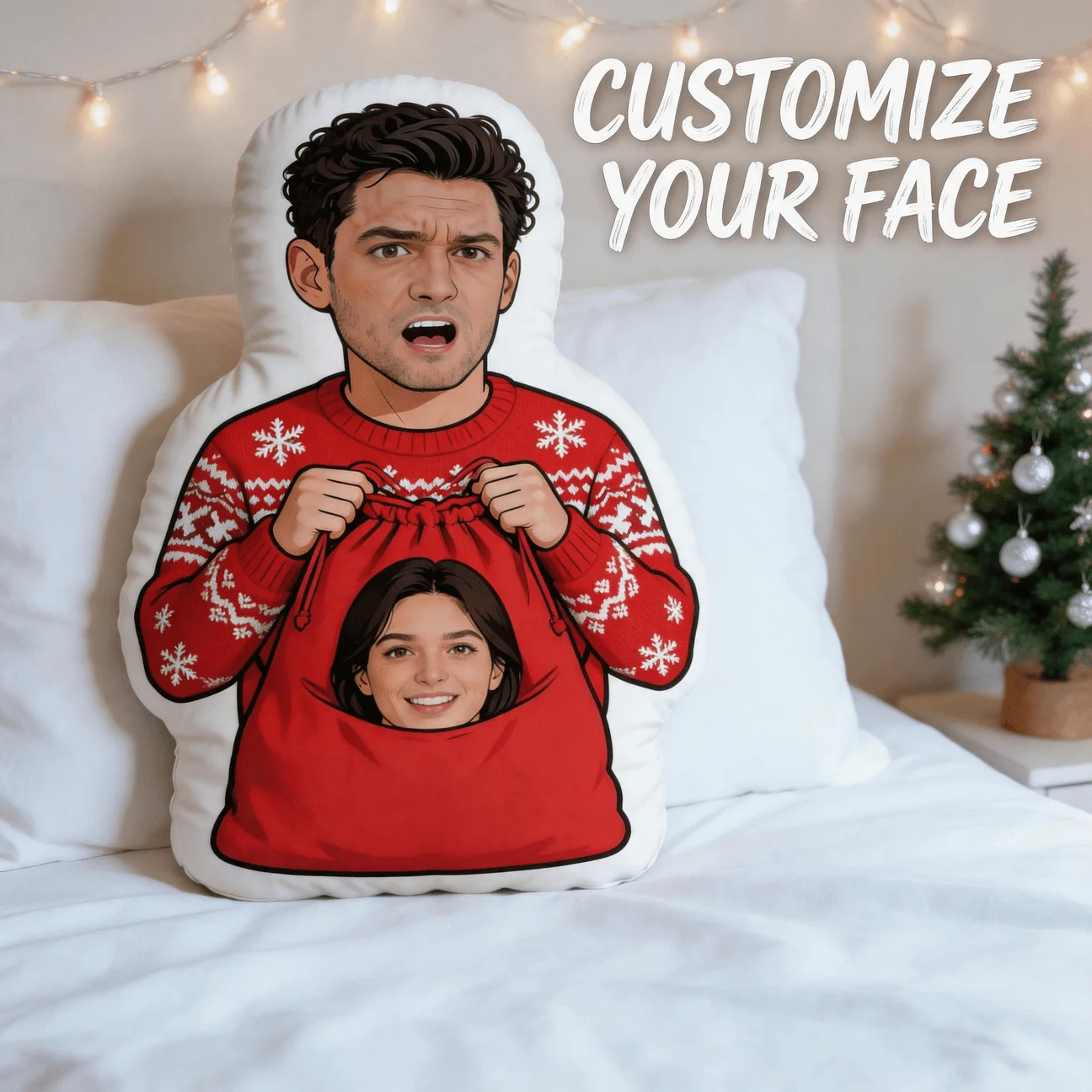 Custom Photo Shaped Pillow, Funny Couple Face Design with Red Holiday Sweater & Gift Sack, Personalized Decorative Cushion for S