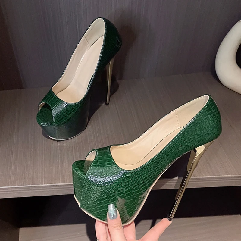 Liyke Runway Sexy Extreme High Heels For Women Platform Pumps Cozy Green Snake Print Leather Peep Toe Stripper Pole Dance Shoes