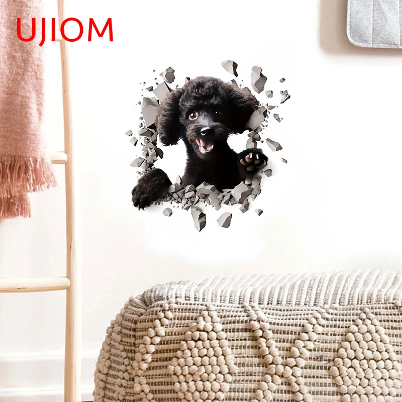 UJIOM 13cm X 12.5cm 3D Poodle Dog Tear Wall Stickers Waterproof Amusing Baby Nursery Room Vestibule Decal Decoration Chambre