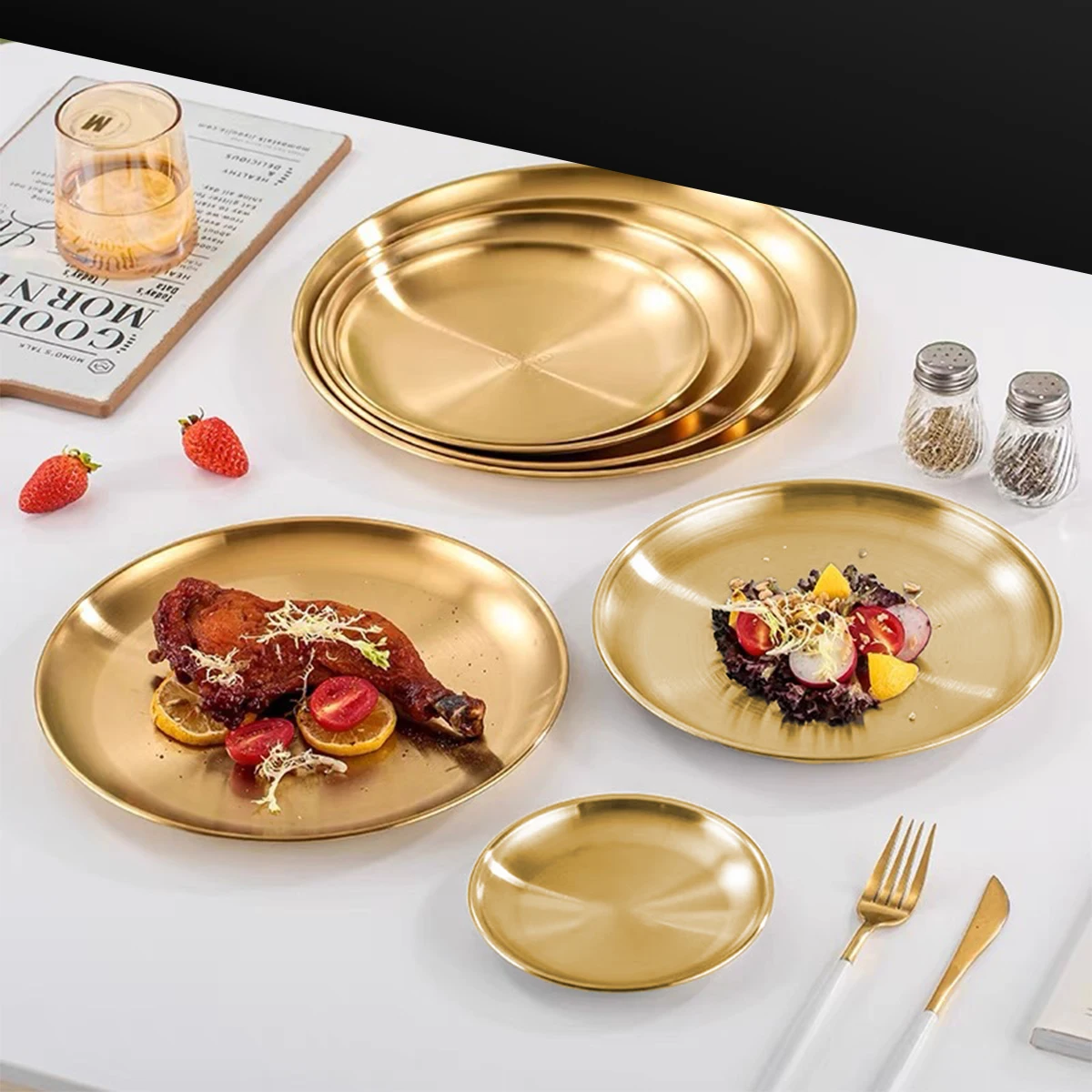 

1/2/3/6pcs Golden Luxury Stainless Steel Dinner Plates, Picnic and Barbecue Plates, Kitchen Diningware for Outdoor Parties