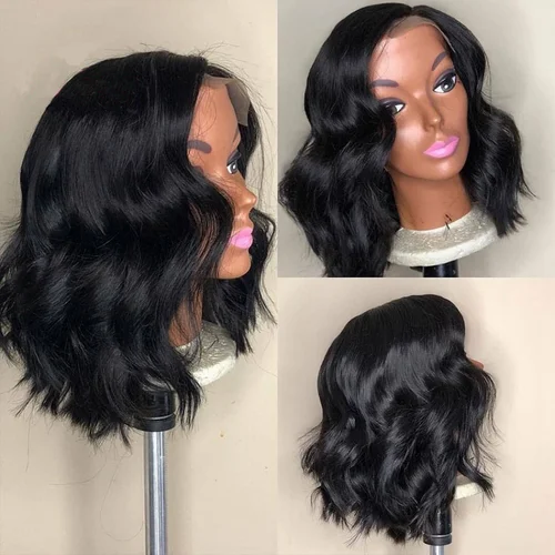 Imagen 2 del producto Pelucas Bob con ondas corporales negras, encaje Frontal 13x4, cierre Frontal 4x4, peluca de cabello humano 100% prearrancada, peluca Bob corta con ondas de agua sueltas