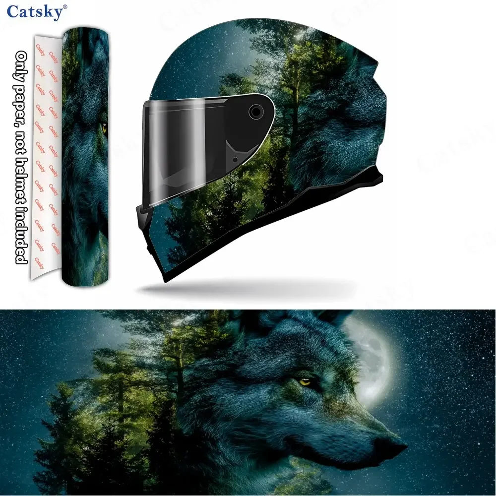 Moonlit Forest Realm and Golden-Eyed Wolf Shadow Helmet Vinyl Wraps, Waterproof Scratch-Resistant Full Face Helmet Decals, Durab