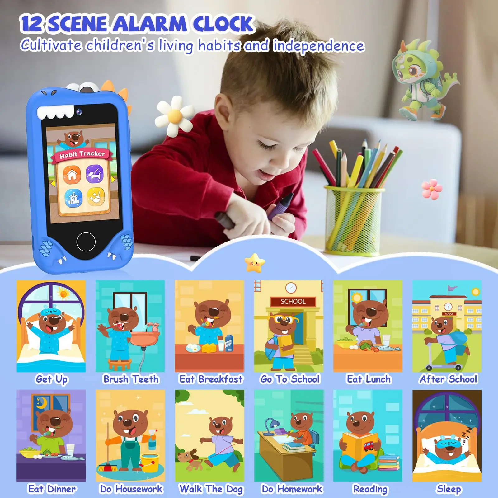 تشغيل شاشة لمس للهاتف للأطفال، كاميرا بدقة 48 ميجابكسل، يدعم تسجيل فيديو بدقة 1080 بكسل عالية الدقة ومجهزة بطاقة ذاكرة سعة 64 جيجابايت وقارئ البطاقة