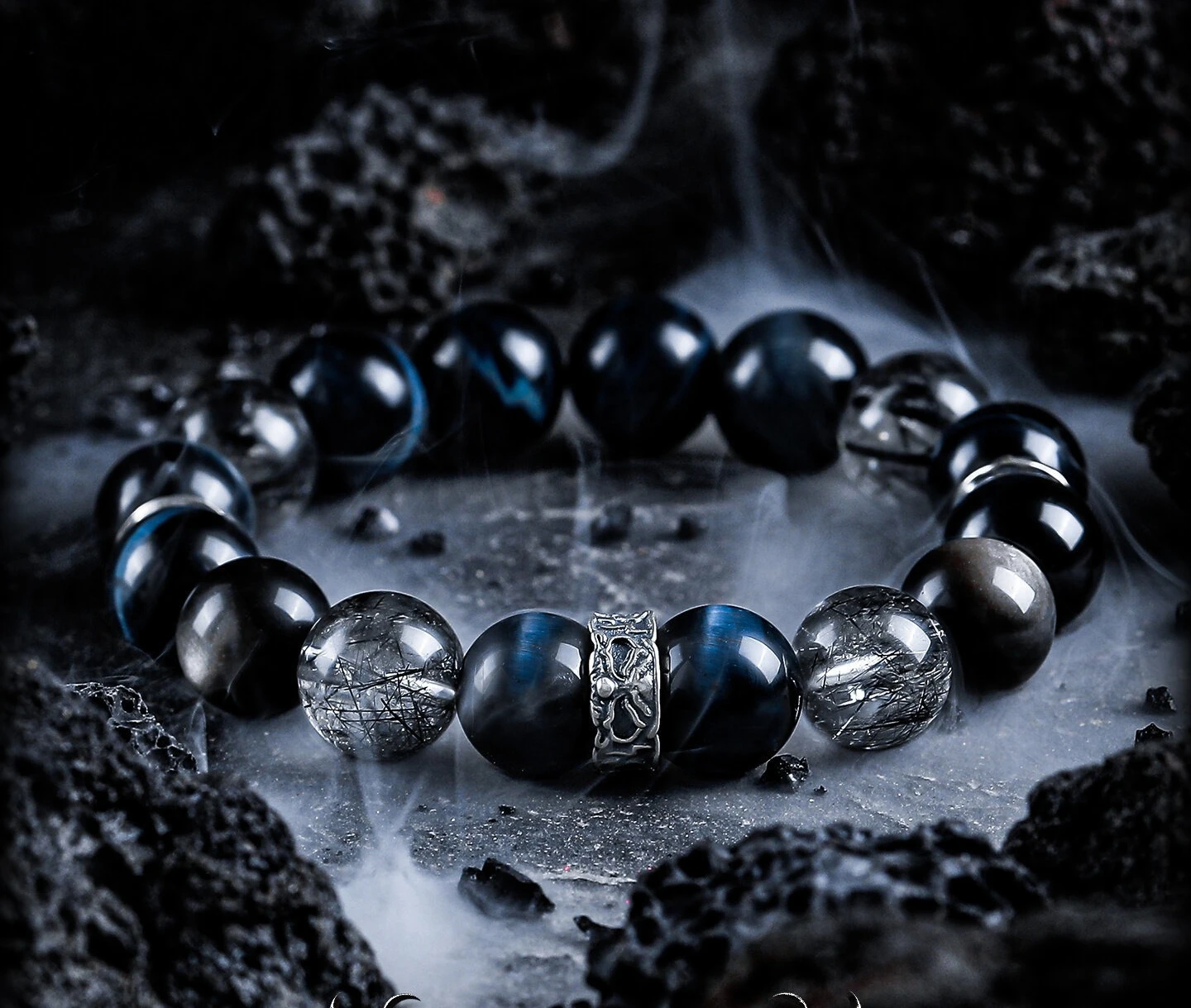 [World of Sharps] Silver Obsidian Bracelet Male Black Hair Crystal Lightning Blue Tiger's Eye Bracelet