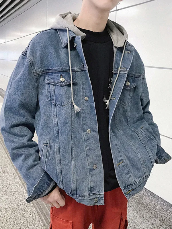 

Джинсовая куртка с талией в стиле ретро для мужчин, повседневная свободная рабочая одежда с капюшоном, длинная ветрозащитная верхняя одежда из полиэфирного волокна