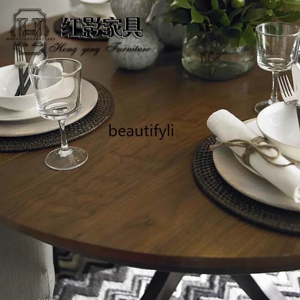 

ss7486 American rural all-solid wood round dining table, retro and simple, home restaurant dining table small apartment New Ligh