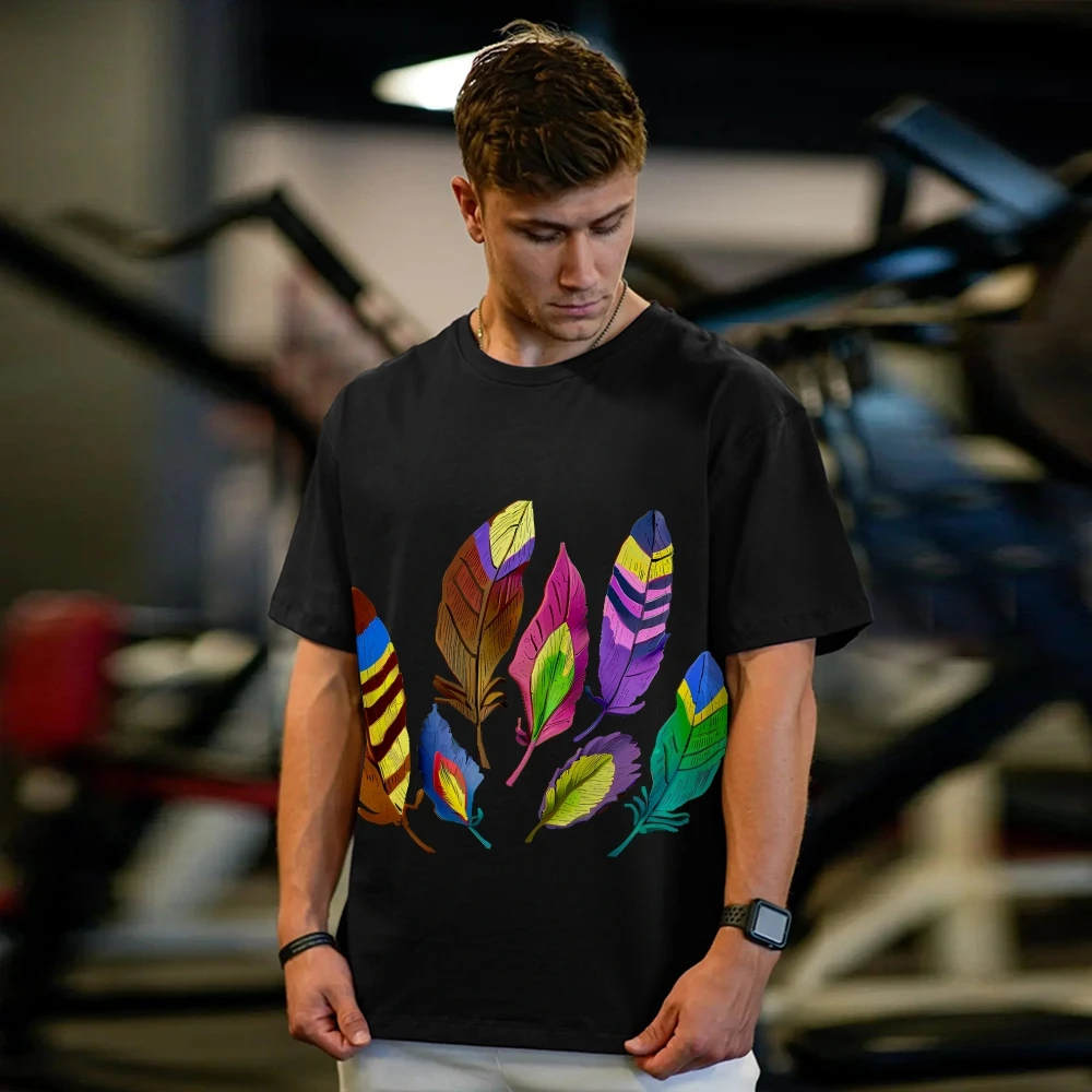 

Black Graphic T Shirt for Men Women Colorful Feather Print Oversized Short Sleeve Top Casual Streetwear Fitness Fashion Tee