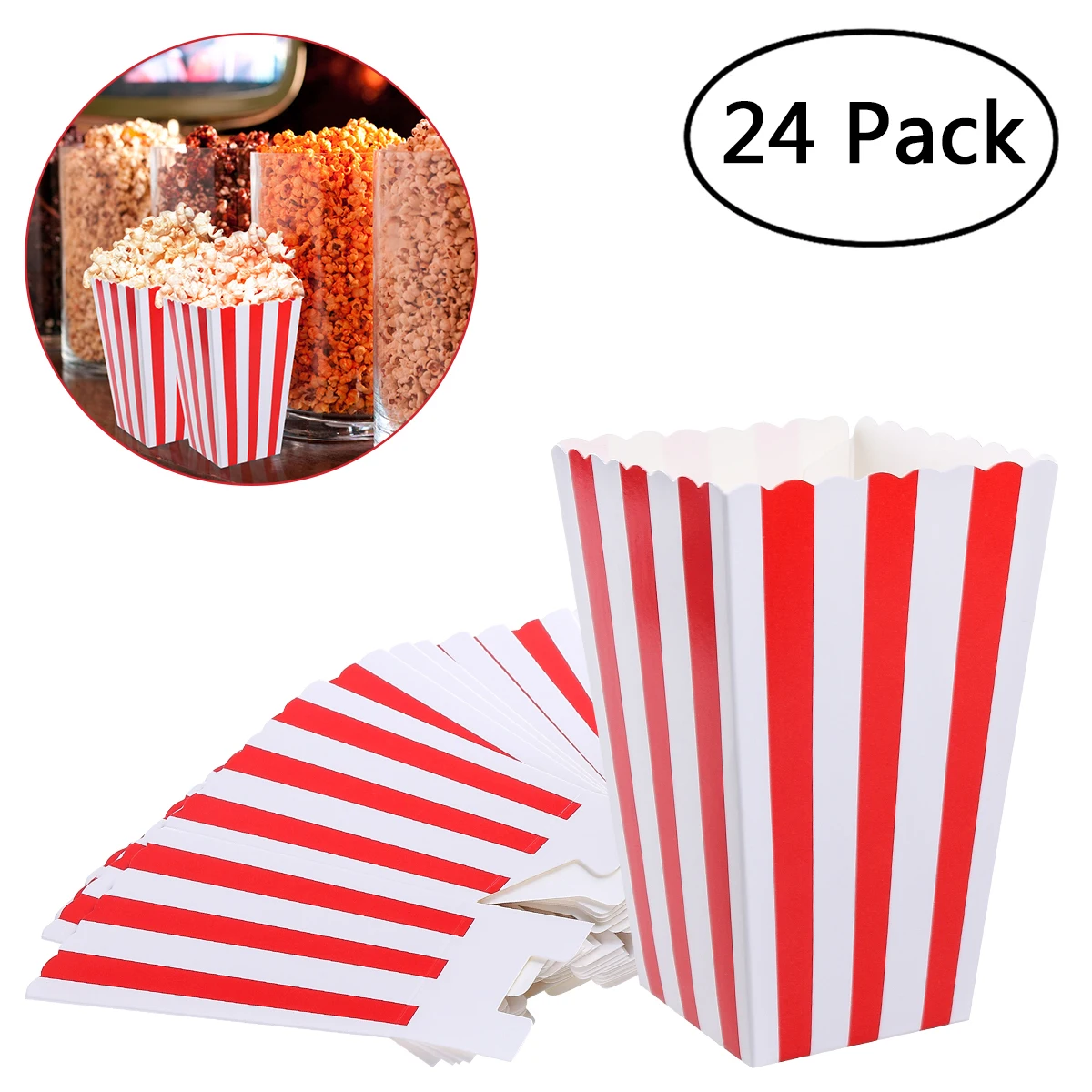 

NUOLUX 24pcs Popcorn Boxes Holder Containers Cartons Paper Bags Stripe Box for Movie Theater Dessert Tables Wedding Favors (Red)