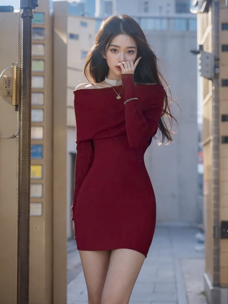 Autumn Women Clothing New Long Sleeved One Shoulder Sexy Sweater Dress Red Buttocks Wrapped Short Dress Elegant Sexy Tops W7YT
