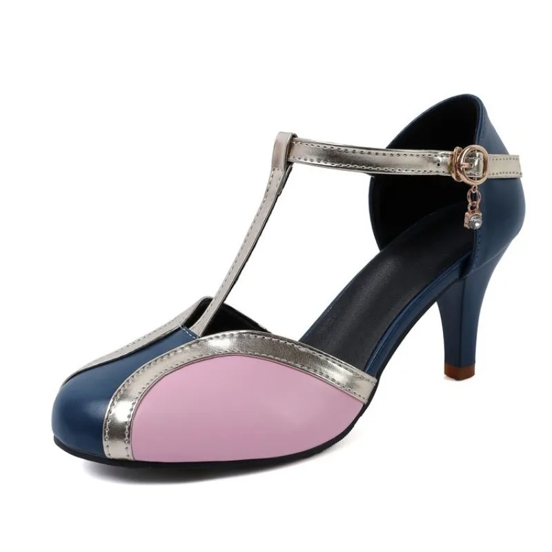 

Retro Color Block T-Strap Heels Women Closed Toe High Heel Sandals Elegant Party Dance Footwear Size 35-42