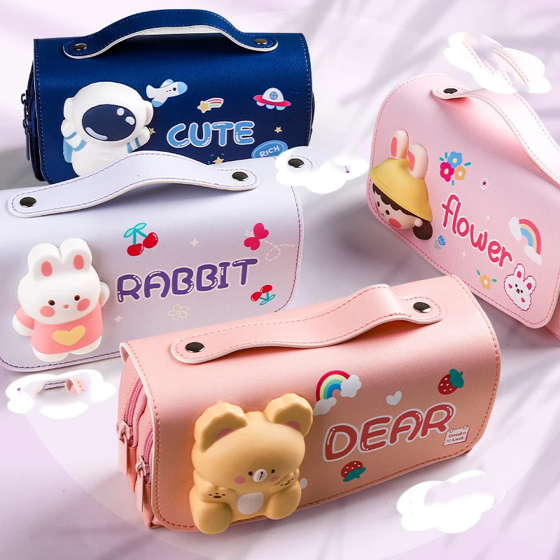 

CHEN LIN Pudding Bear Decompression Pencil Case Cute Girl Pupil Pencil Bag Double Layer Large Capacity Stationery Pensil Case