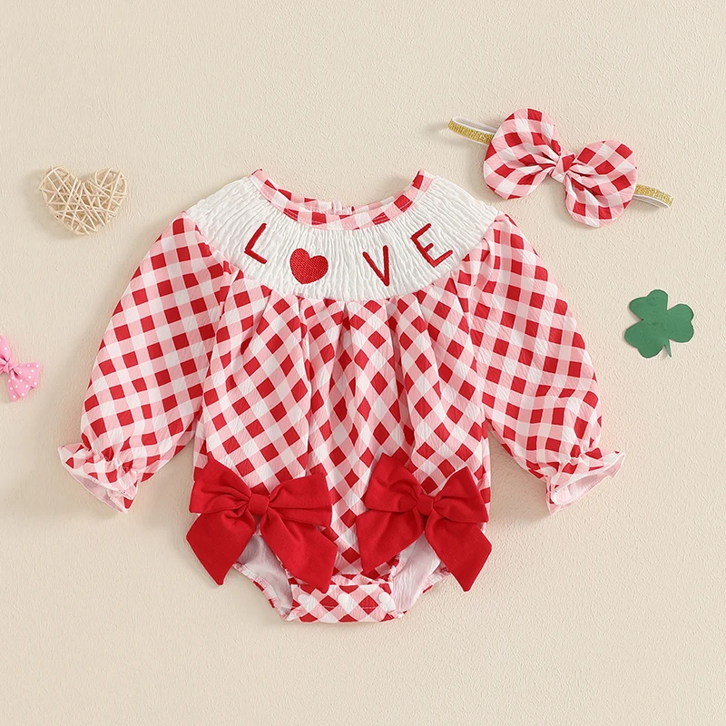 Infant Baby Girl Valentines Outfit Long Sleeve Heart Newborn Baby Girl Smocked Bubble Romper + Headband