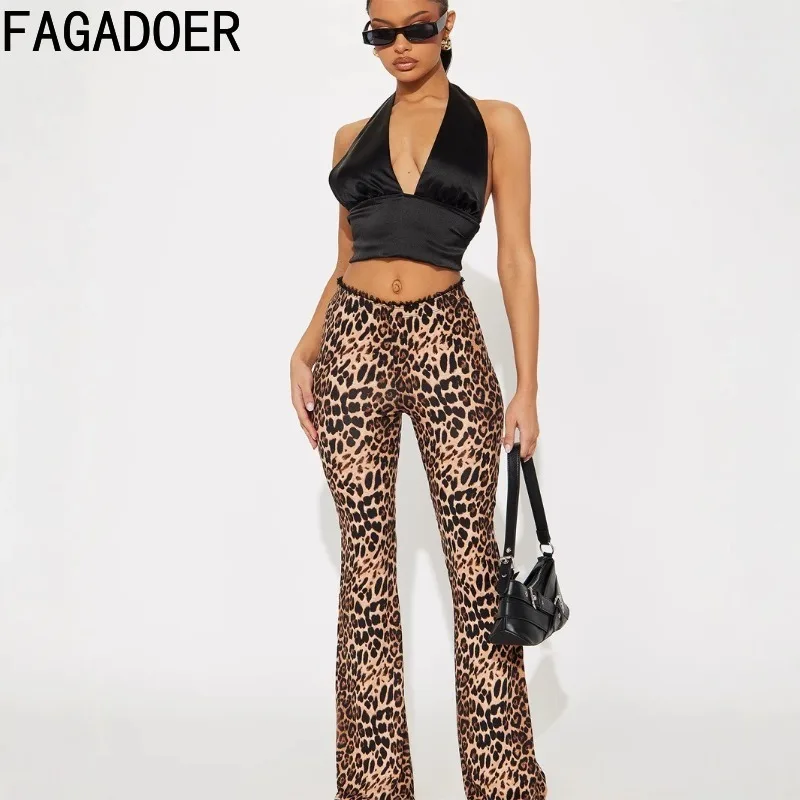 FAGADOER Y2K Sexy Leopard Print Flared Pants Women High Wais lace patchwork Leggings Pants female Party Nightclub bottoms 2025