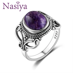 Nasiya Bohemia Style 8x10MM Oval Purple Charoite Rings For Women Silver Color Ring Fine Jewelry For Anniversary Party Gift