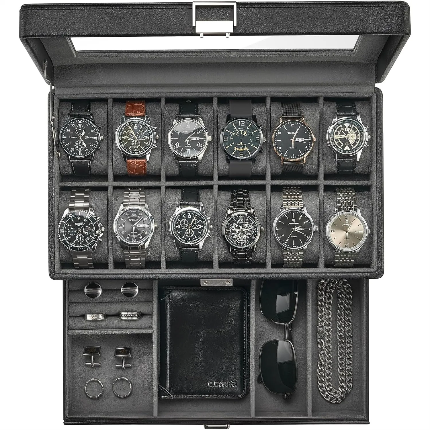 

Watch Box for Men, 12 Slot Jewelry Organizer with Drawer and Glass Lid - Black