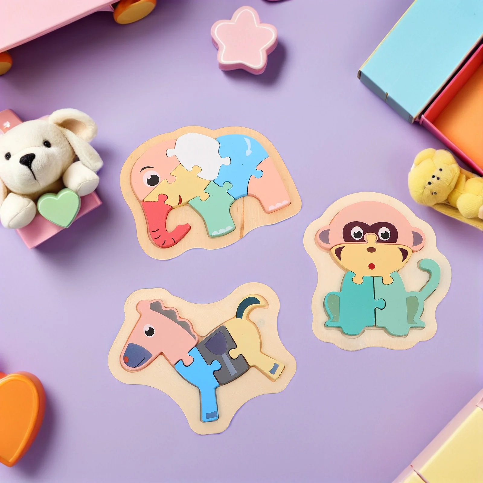 ตัวต่อสัตว์ 3 มิติ 6 ชิ้น สำหรับเด็กเล็ก เกมจับคู่รูปทรงไม้ ของเล่นเสริมพัฒนาการเด็ก ฝึกทักษะการเคลื่อนไหว